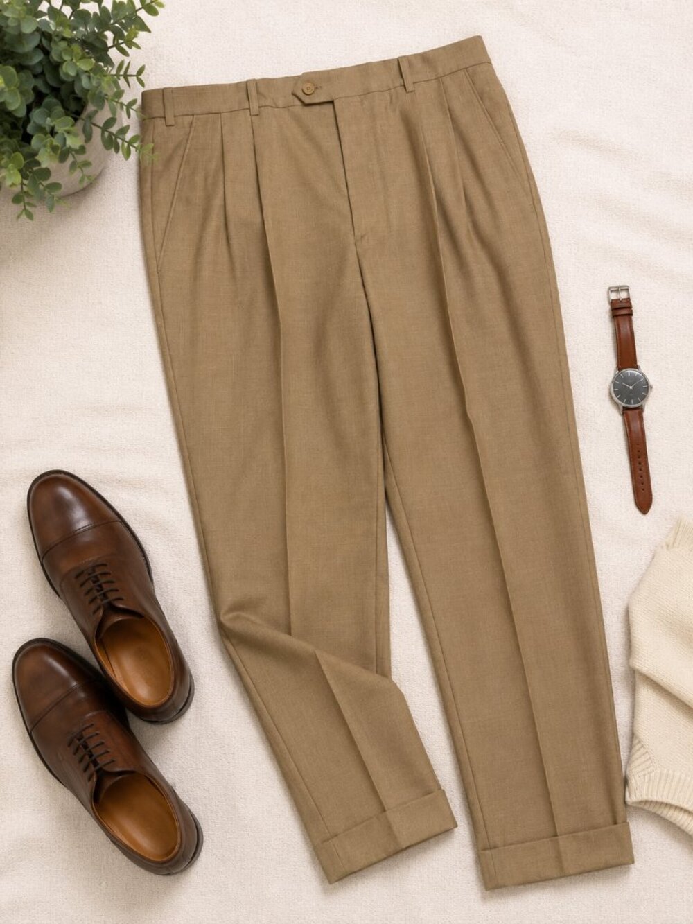 Santorelli Tan Dress Pants Men's Size 36 Pleated Cuffed Trousers - Picture 1 of 5